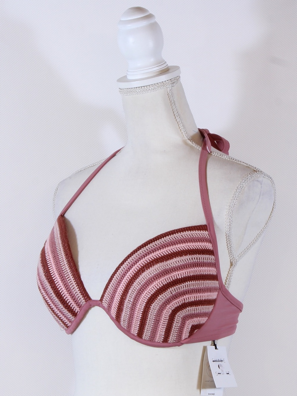 Shade & Shore Crochet Padded Primrose Halter Crochet Striped Bikini Top NWT